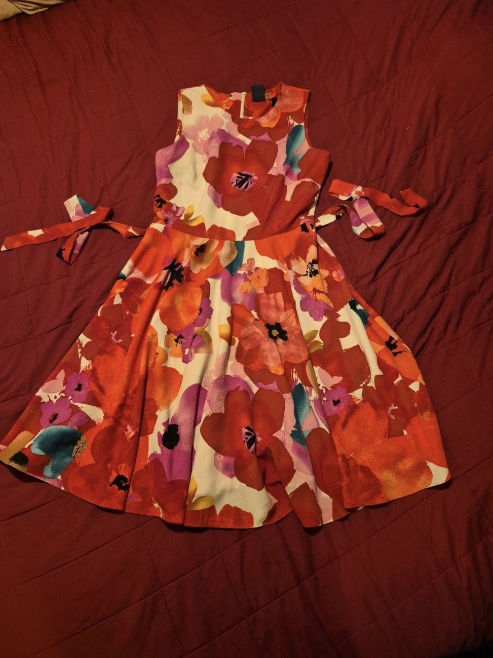 Gabby Skye Red Orange Floral Midi Dress